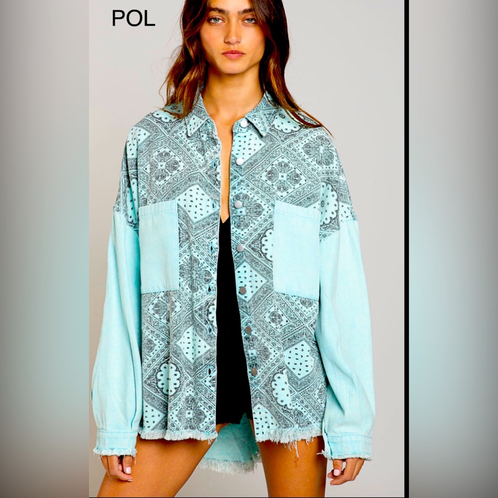 POL Light Blue and Black Bandana Print Oversized Shirt Jacket